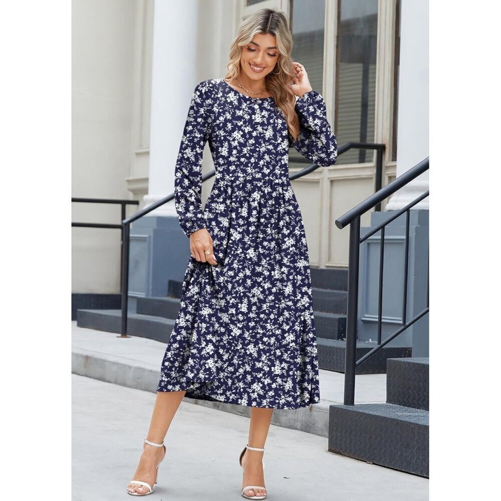 Zeagoo Women Blue Sprigs Long Sleeve Flowy A-Line Boho Long Dress with Pockets - Picture 2 of 6